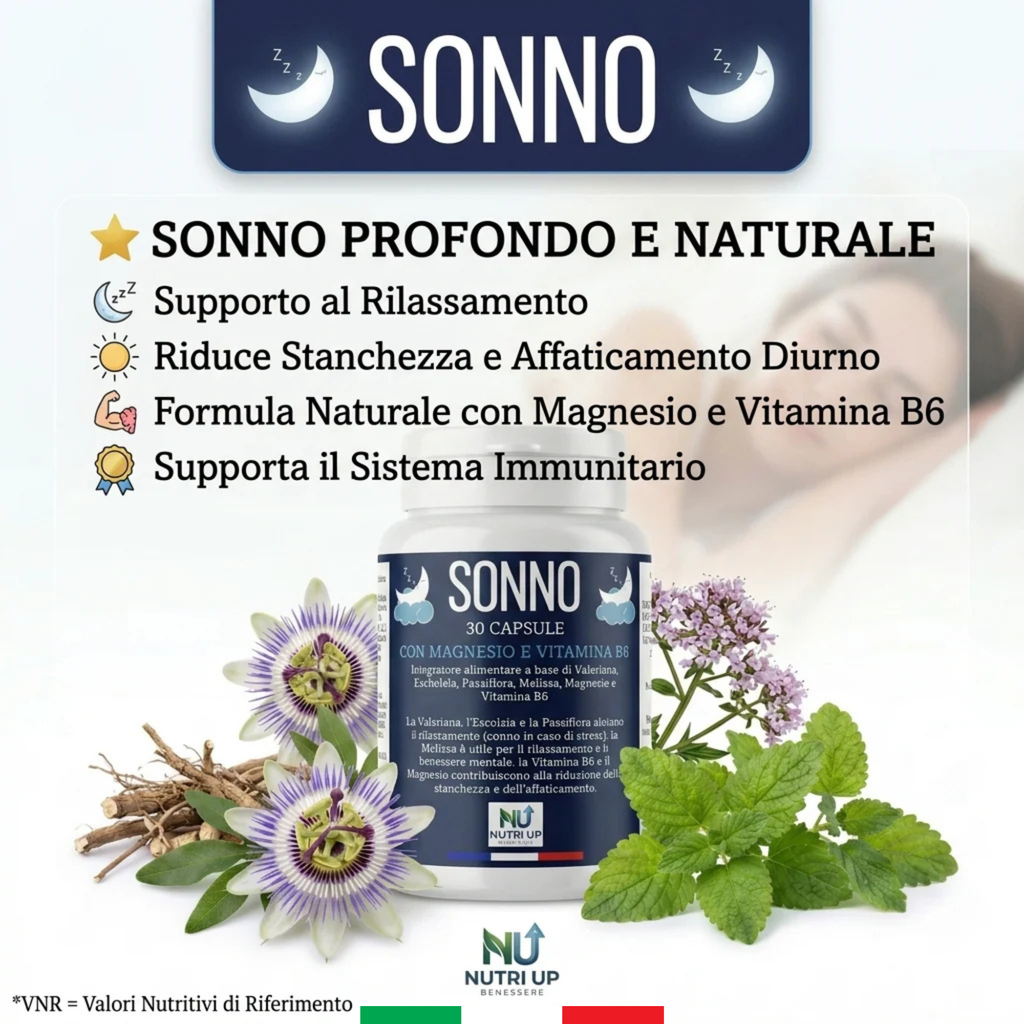 NutriUp SONNO. Integratore Naturale per Sonno e Rilassamento. Con Valeriana, Escolzia, Passiflora, Melissa, Magnesio e Vitamina B6. Calma lo Stress e Riduce l'Affaticamento Mentale. 30 Capsule