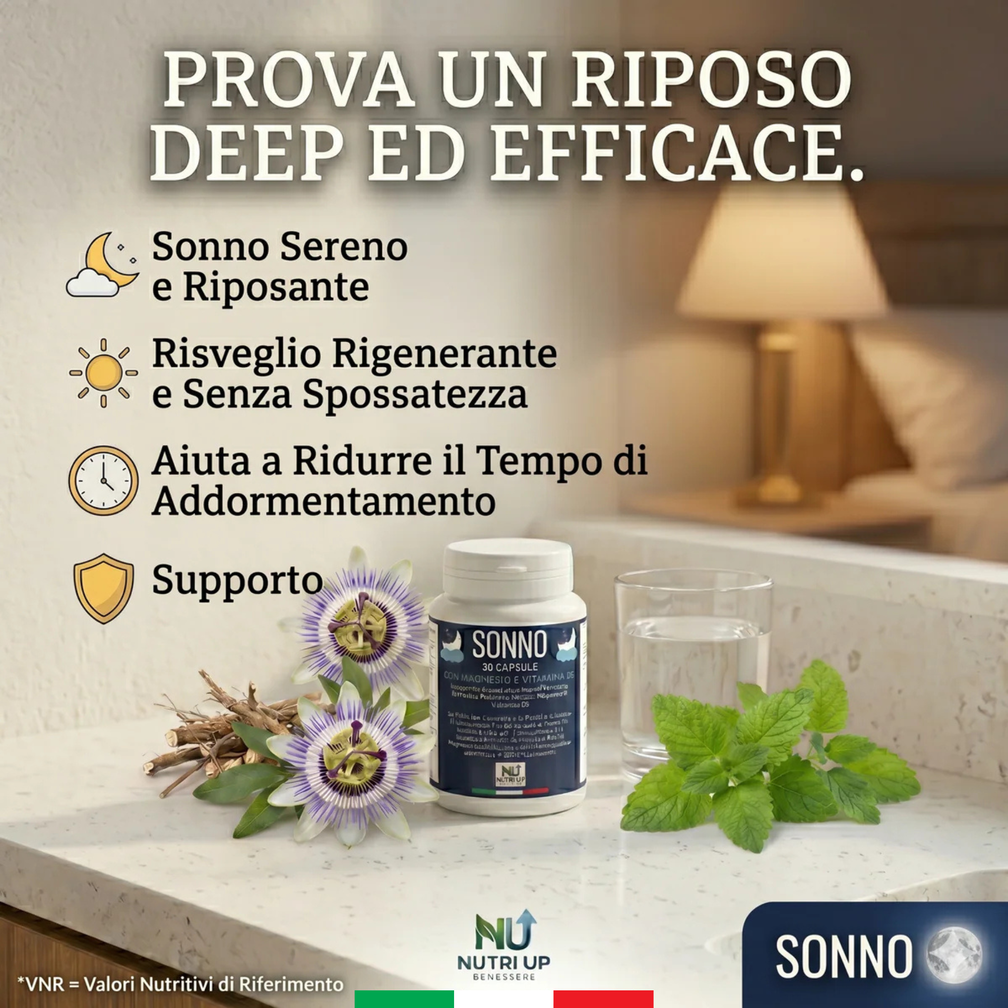 NutriUp SONNO. Integratore Naturale per Sonno e Rilassamento. Con Valeriana, Escolzia, Passiflora, Melissa, Magnesio e Vitamina B6. Calma lo Stress e Riduce l'Affaticamento Mentale. 30 Capsule