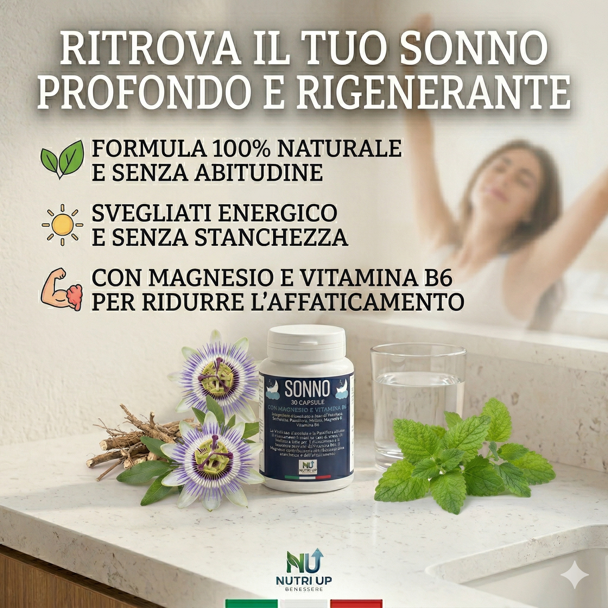 NutriUp SONNO. Integratore Naturale per Sonno e Rilassamento. Con Valeriana, Escolzia, Passiflora, Melissa, Magnesio e Vitamina B6. Calma lo Stress e Riduce l'Affaticamento Mentale. 30 Capsule