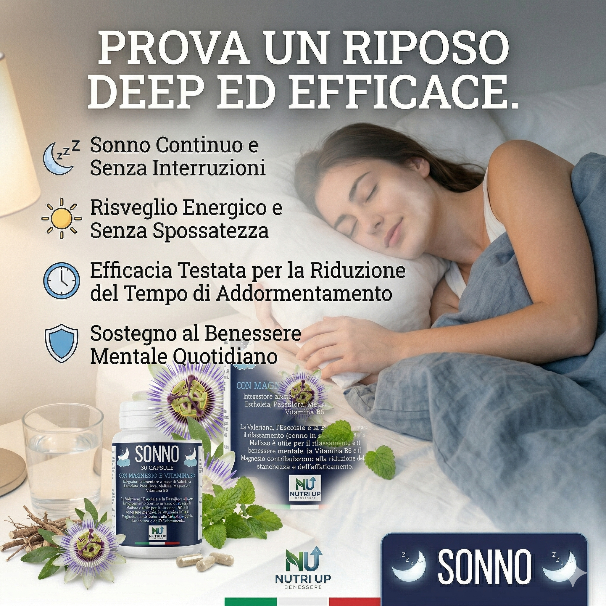 NutriUp SONNO. Integratore Naturale per Sonno e Rilassamento. Con Valeriana, Escolzia, Passiflora, Melissa, Magnesio e Vitamina B6. Calma lo Stress e Riduce l'Affaticamento Mentale. 30 Capsule