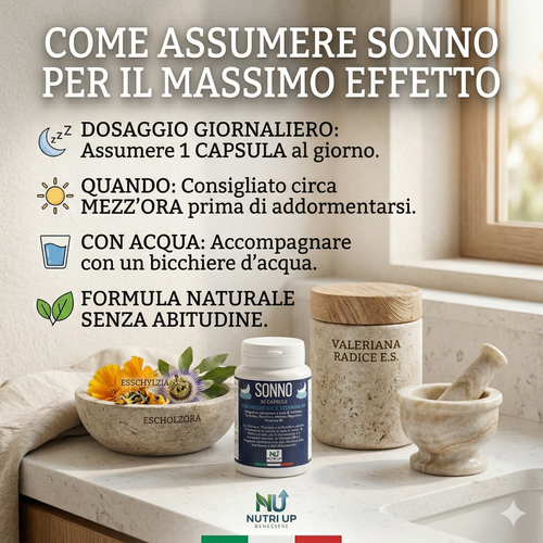 NutriUp SONNO. Integratore Naturale per Sonno e Rilassamento. Con Valeriana, Escolzia, Passiflora, Melissa, Magnesio e Vitamina B6. Calma lo Stress e Riduce l'Affaticamento Mentale. 30 Capsule