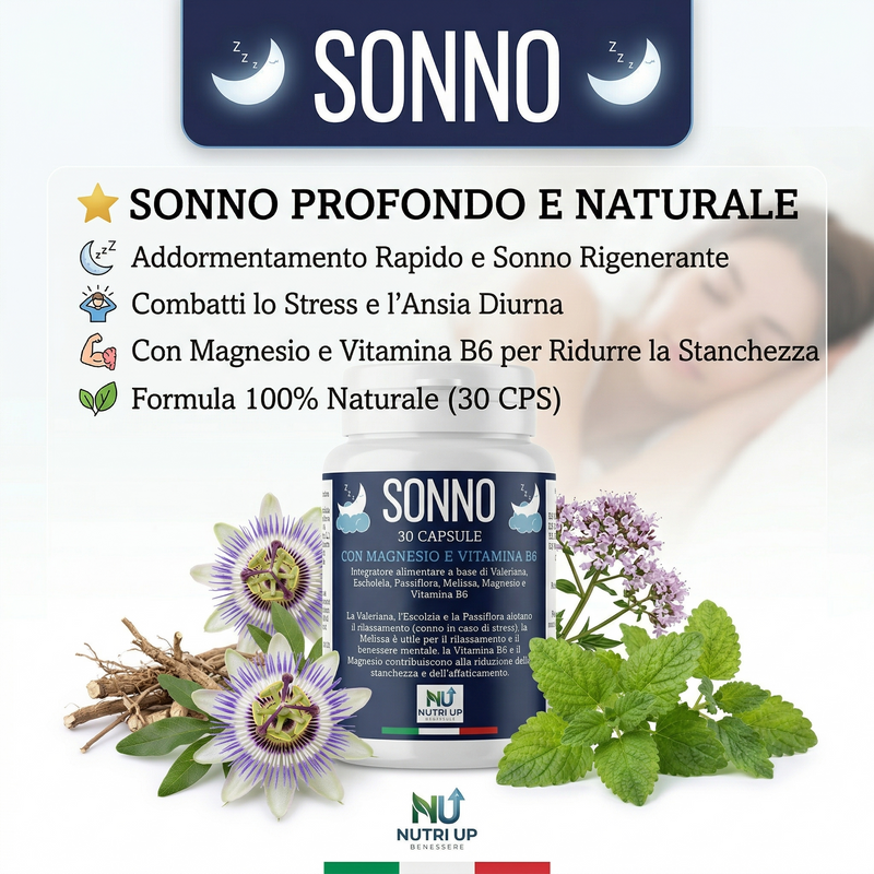 NutriUp SONNO. Integratore Naturale per Sonno e Rilassamento. Con Valeriana, Escolzia, Passiflora, Melissa, Magnesio e Vitamina B6. Calma lo Stress e Riduce l'Affaticamento Mentale. 30 Capsule