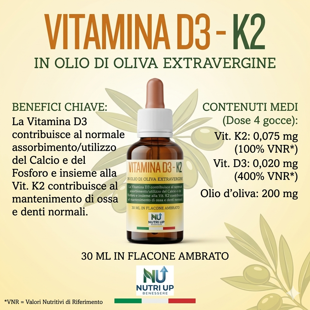 NutriUp Integratore Vitamina D3 e K2 30 ml in Olio Extravergine di Oliva. Aiuta l'Assorbimento del Calcio e il Mantenimento di Ossa e Denti. 5 Mesi di Fornitura, Made in Italy