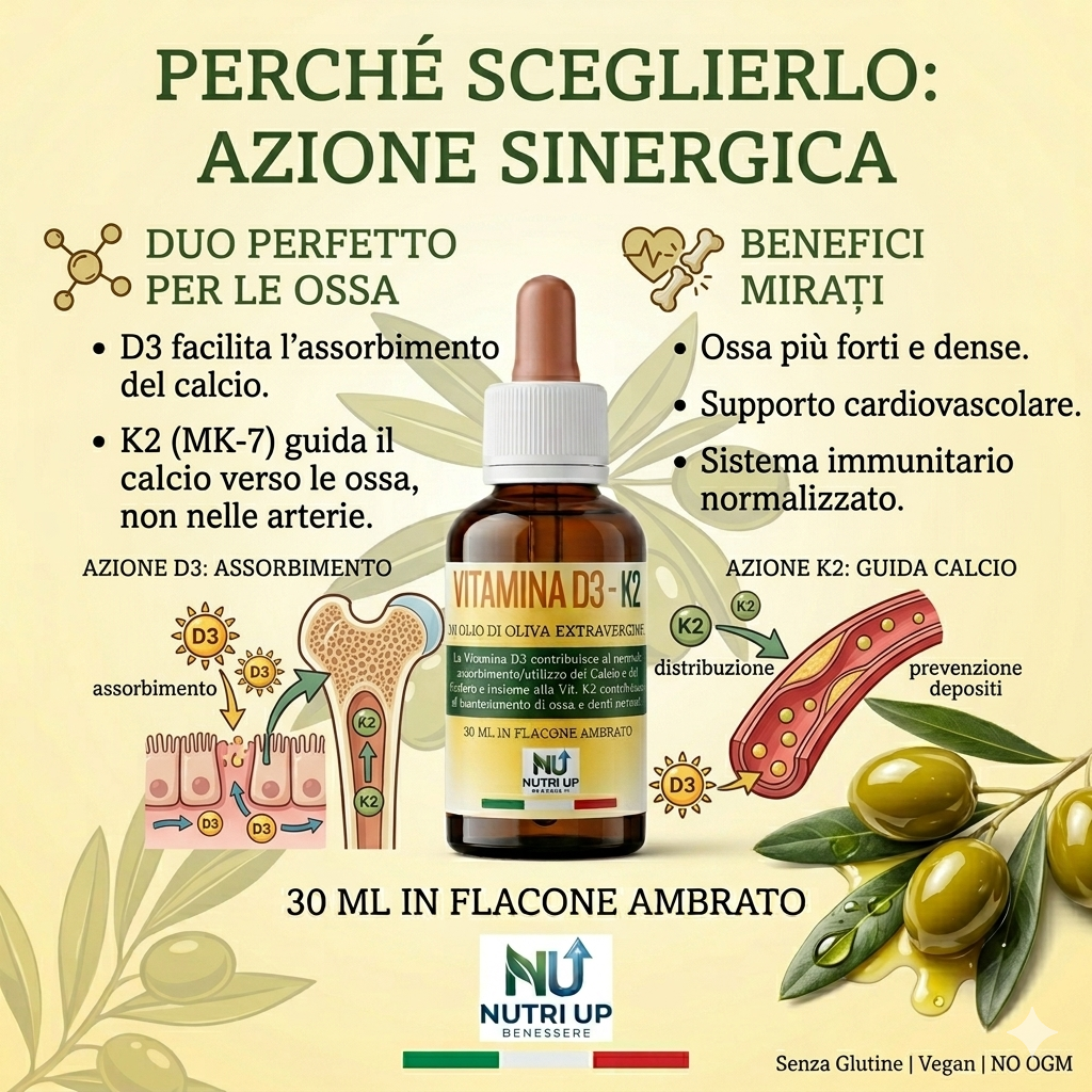 NutriUp Integratore Vitamina D3 e K2 30 ml in Olio Extravergine di Oliva. Aiuta l'Assorbimento del Calcio e il Mantenimento di Ossa e Denti. 5 Mesi di Trattamento, Made in Italy