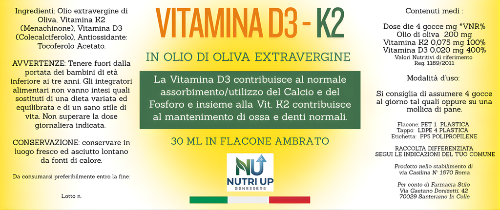 NutriUp Integratore Vitamina D3 e K2 30 ml in Olio Extravergine di Oliva. Aiuta l'Assorbimento del Calcio e il Mantenimento di Ossa e Denti. 5 Mesi di Fornitura, Made in Italy