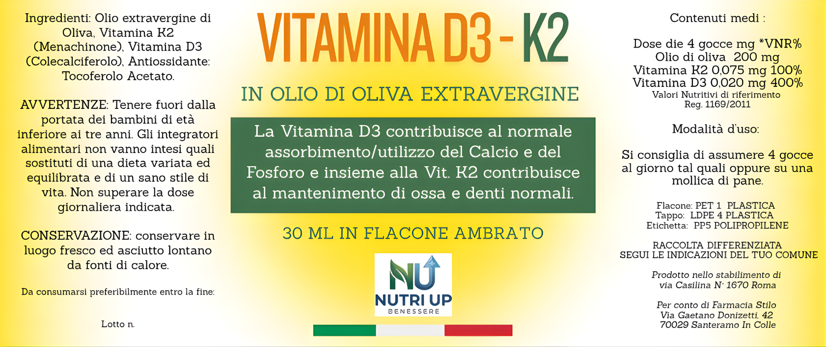 NutriUp Integratore Vitamina D3 e K2 30 ml in Olio Extravergine di Oliva. Aiuta l'Assorbimento del Calcio e il Mantenimento di Ossa e Denti. 5 Mesi di Trattamento, Made in Italy