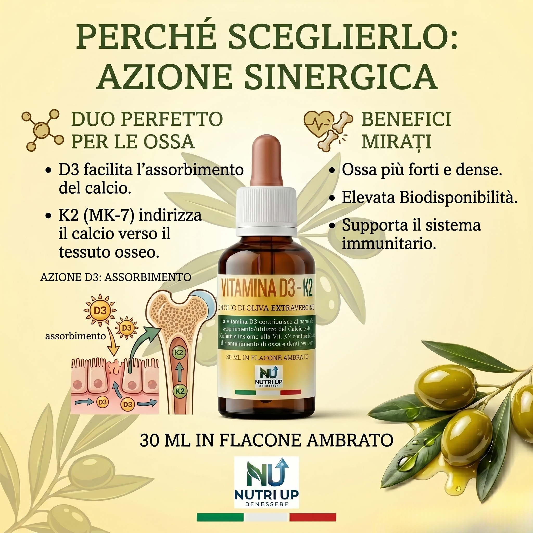 NutriUp Integratore Vitamina D3 e K2 30 ml in Olio Extravergine di Oliva. Aiuta l'Assorbimento del Calcio e il Mantenimento di Ossa e Denti. 5 Mesi di Fornitura, Made in Italy