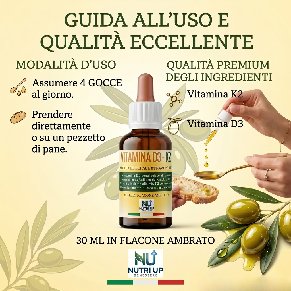 NutriUp Integratore Vitamina D3 e K2 30 ml in Olio Extravergine di Oliva. Aiuta l'Assorbimento del Calcio e il Mantenimento di Ossa e Denti. 5 Mesi di Fornitura, Made in Italy