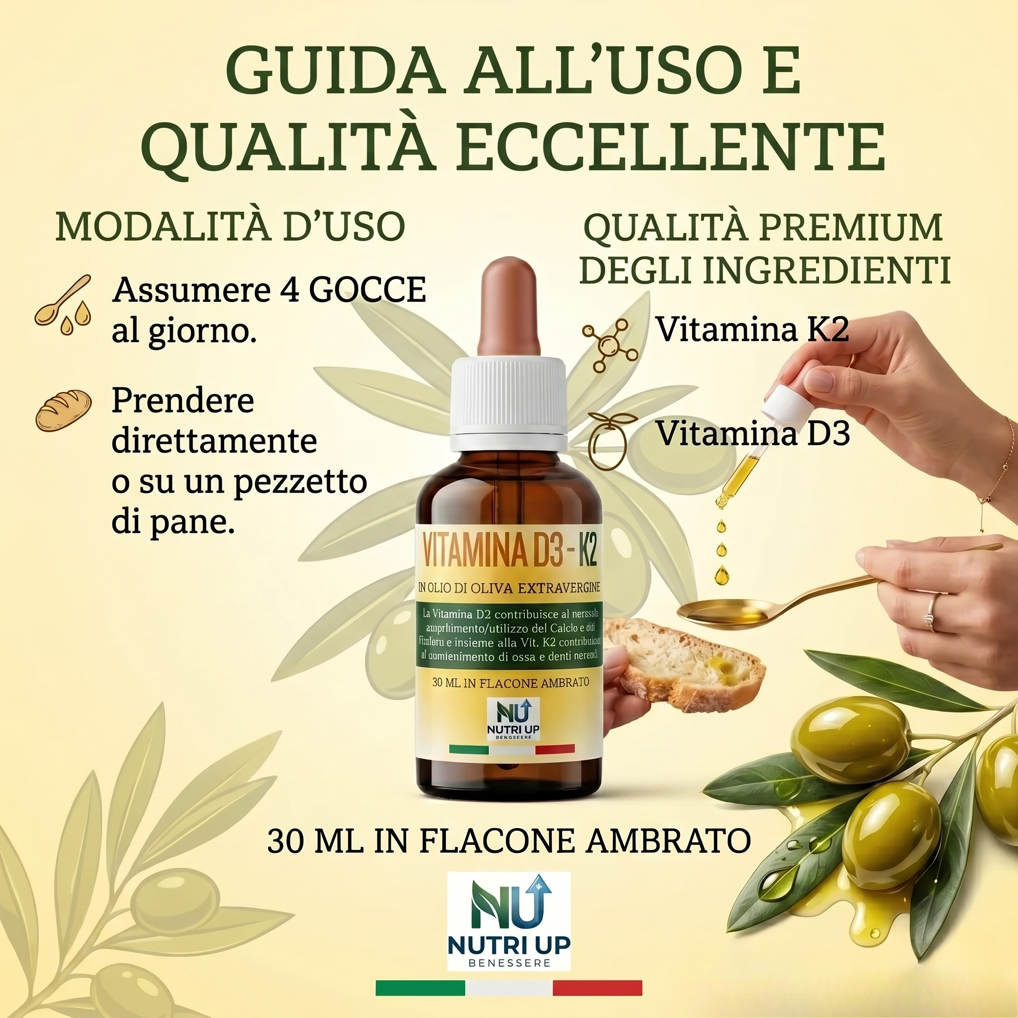 NutriUp Integratore Vitamina D3 e K2 30 ml in Olio Extravergine di Oliva. Aiuta l'Assorbimento del Calcio e il Mantenimento di Ossa e Denti. 5 Mesi di Fornitura, Made in Italy