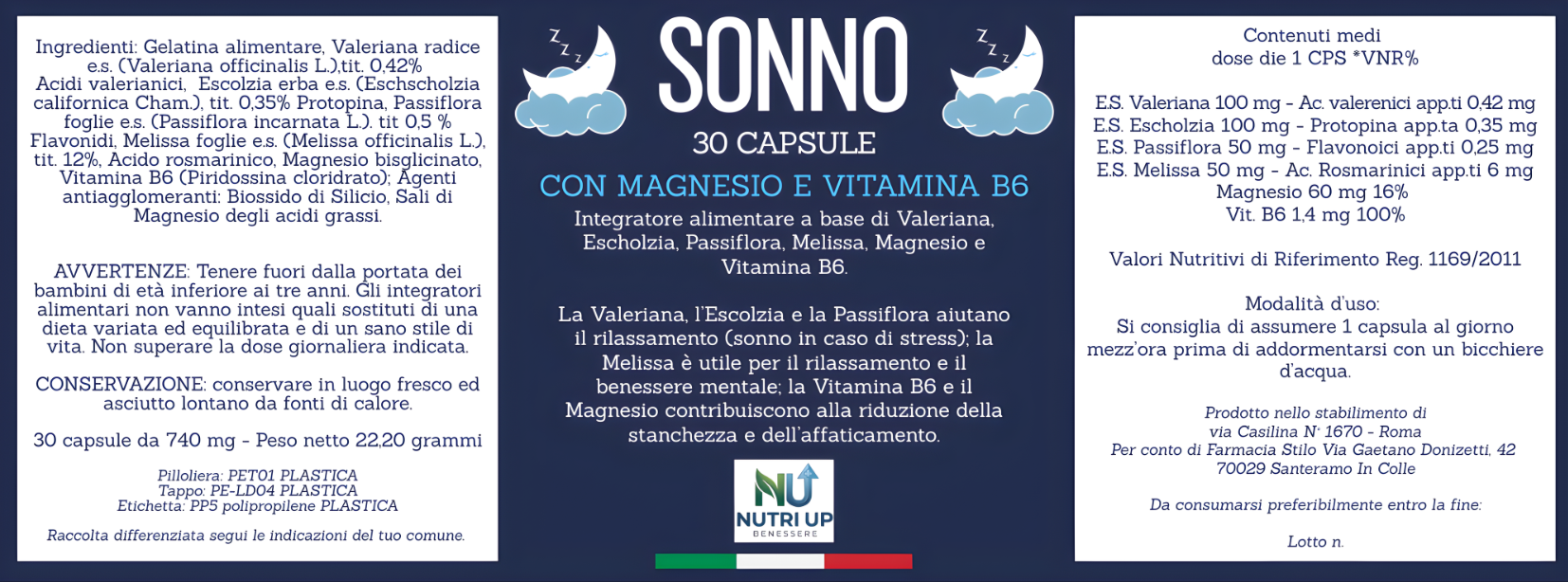 NutriUp SONNO. Integratore Naturale per Sonno e Rilassamento. Con Valeriana, Escolzia, Passiflora, Melissa, Magnesio e Vitamina B6. Calma lo Stress e Riduce l'Affaticamento Mentale. 30 Capsule